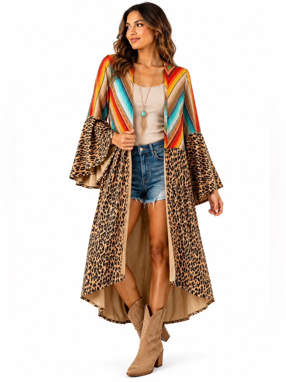Fashion Express Leopard Serape Print Boho Bell Sleeve Duster Kimono Small